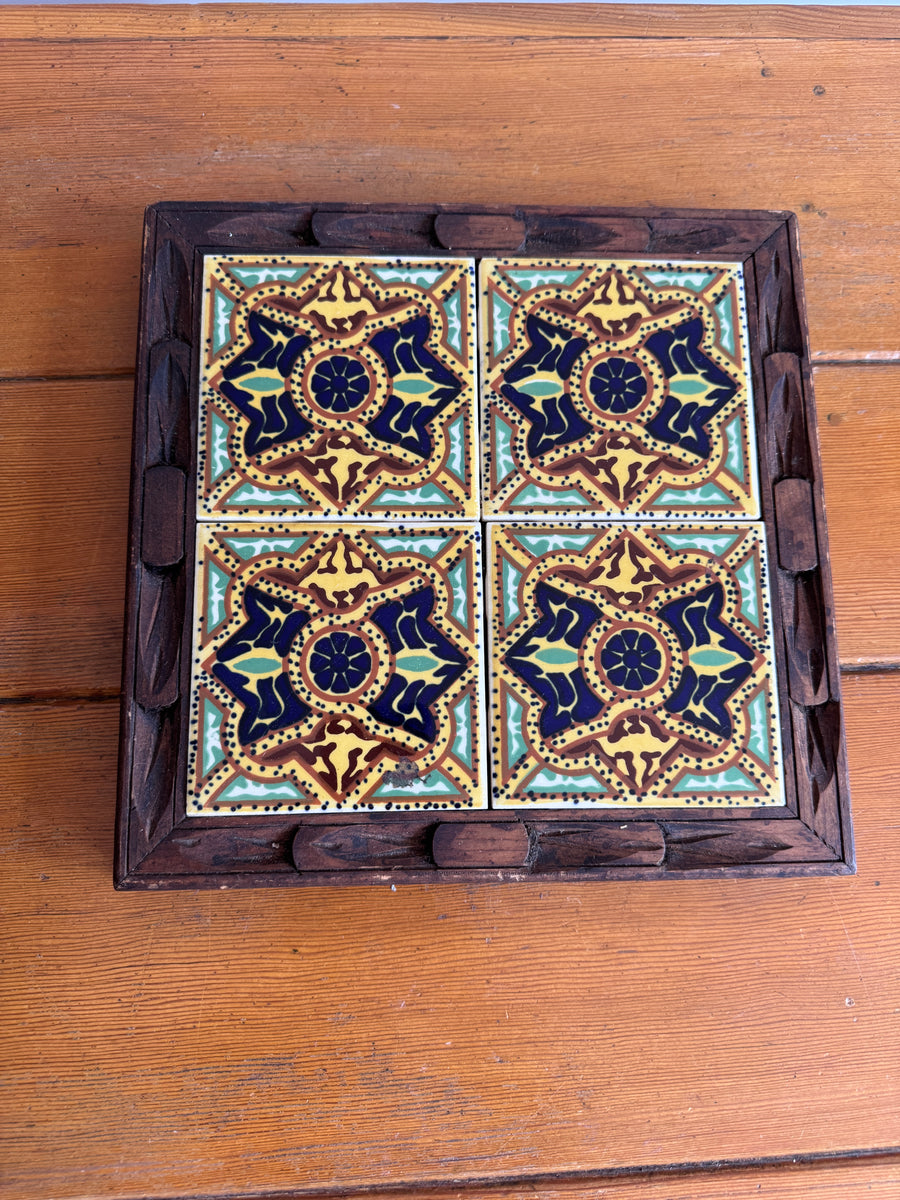 Carved wood and painted tile tray