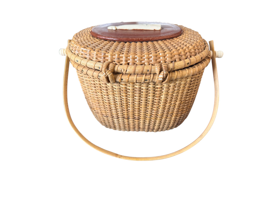 Hand Woven Lidded Basket with whale and Leather detailing