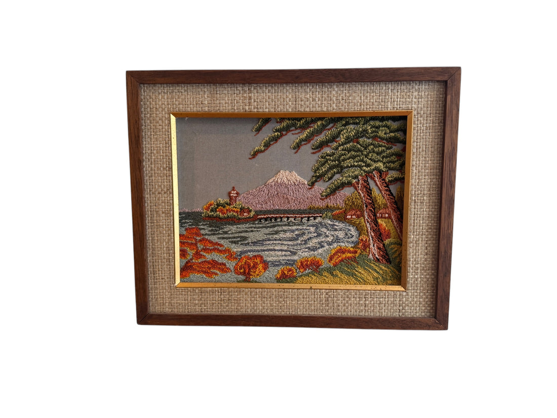 Hand Embroidered Antique Landscape Framed Mountain Lake Scene