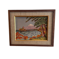 Hand Embroidered Antique Landscape Framed Mountain Lake Scene