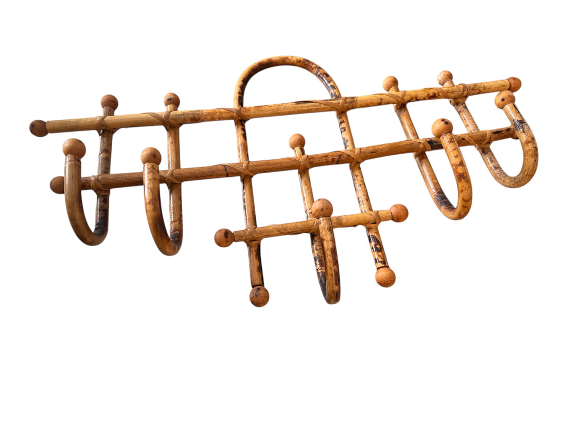 Antique French Bamboo and Rattan 5 Hook Wall Rack Coat Hook