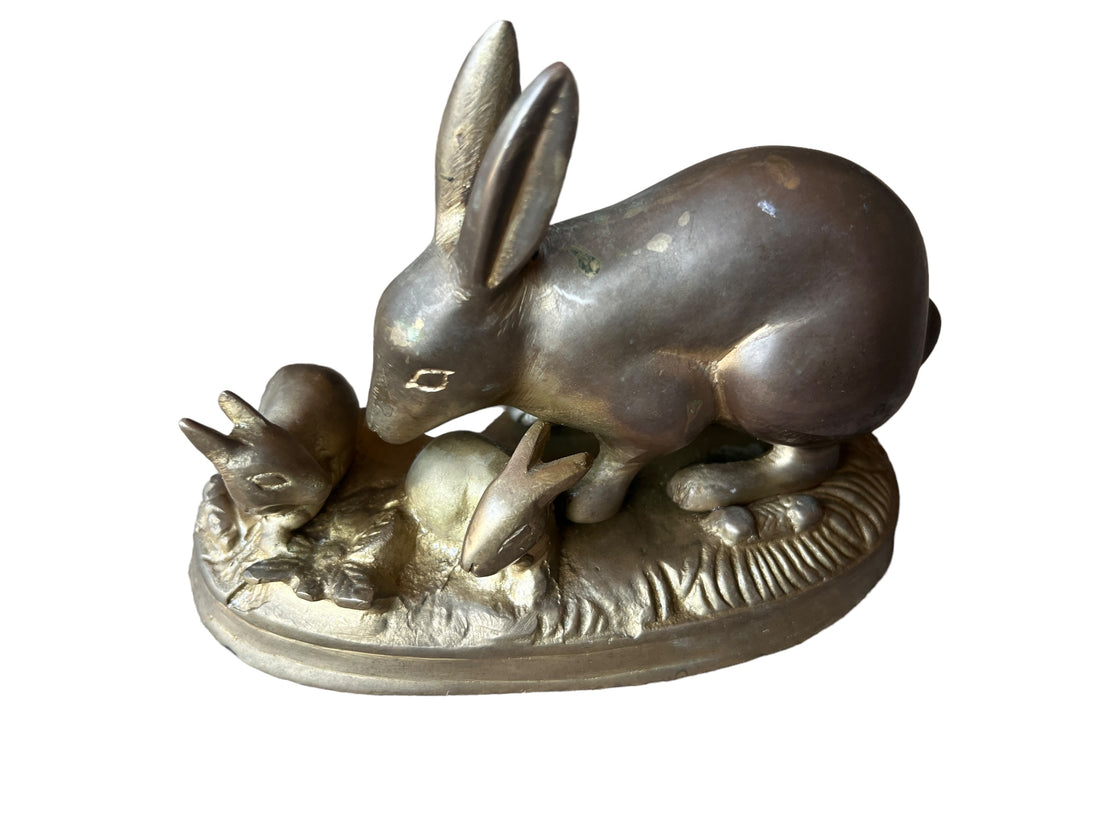 Vintage Brass Bunny Rabbit with Babies Sculpture Figure