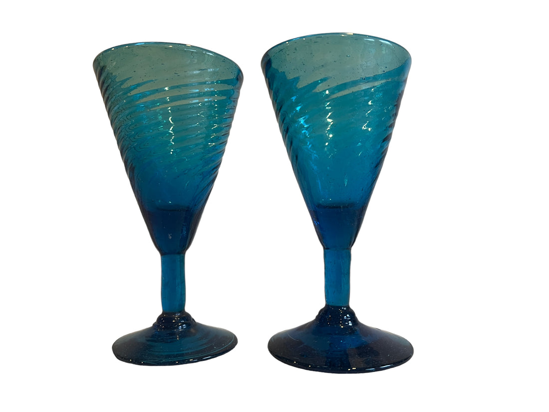 Hand Blown Blue Swirl Wine Cocktail Glasses