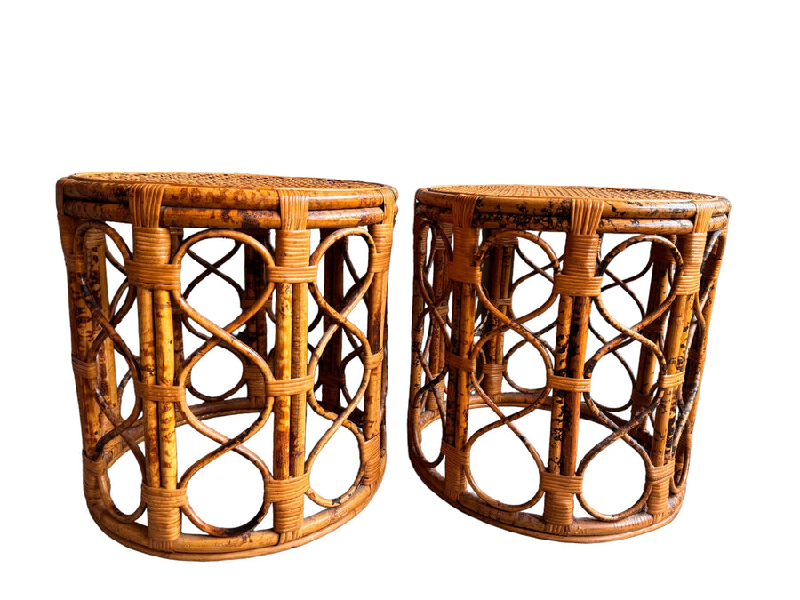 Vintage Tortoise Shell Bamboo and Cane Side Tables