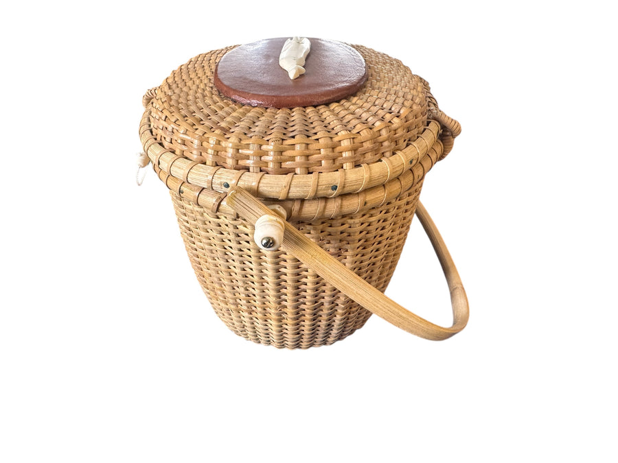 Hand Woven Lidded Basket with whale and Leather detailing