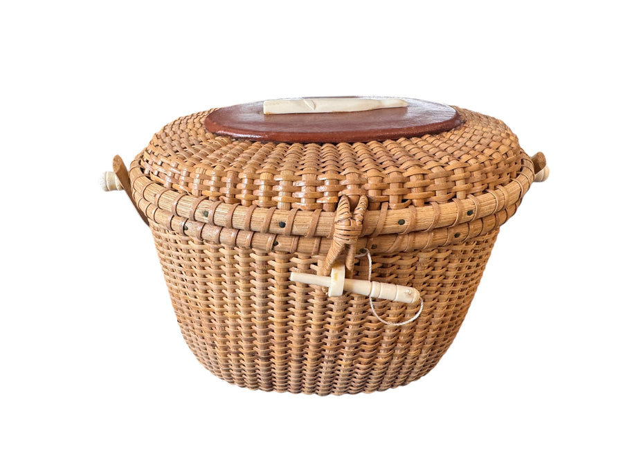 Hand Woven Lidded Basket with whale and Leather detailing