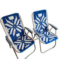 Retro Macrame Blue and White Folding Lawn Camp Chairs