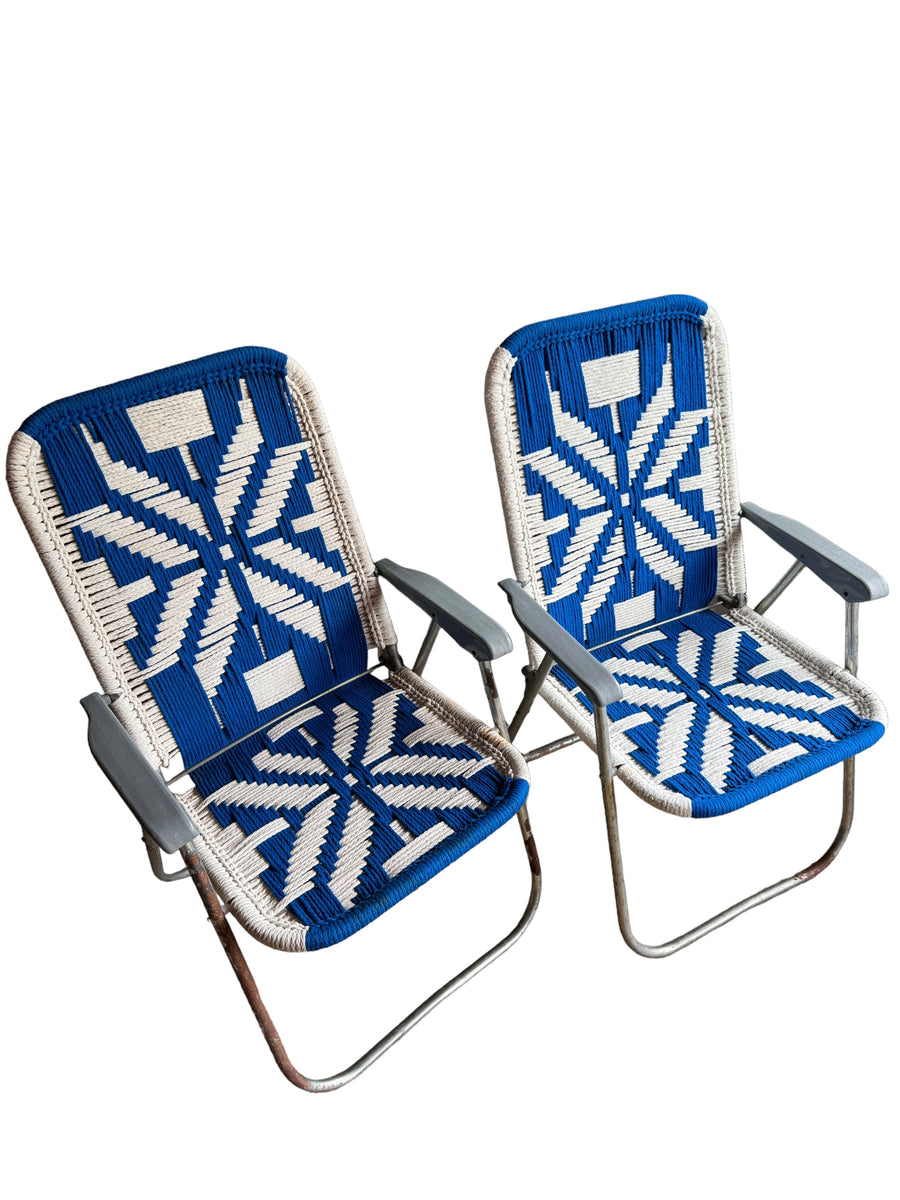 Retro Macrame Blue and White Folding Lawn Camp Chairs