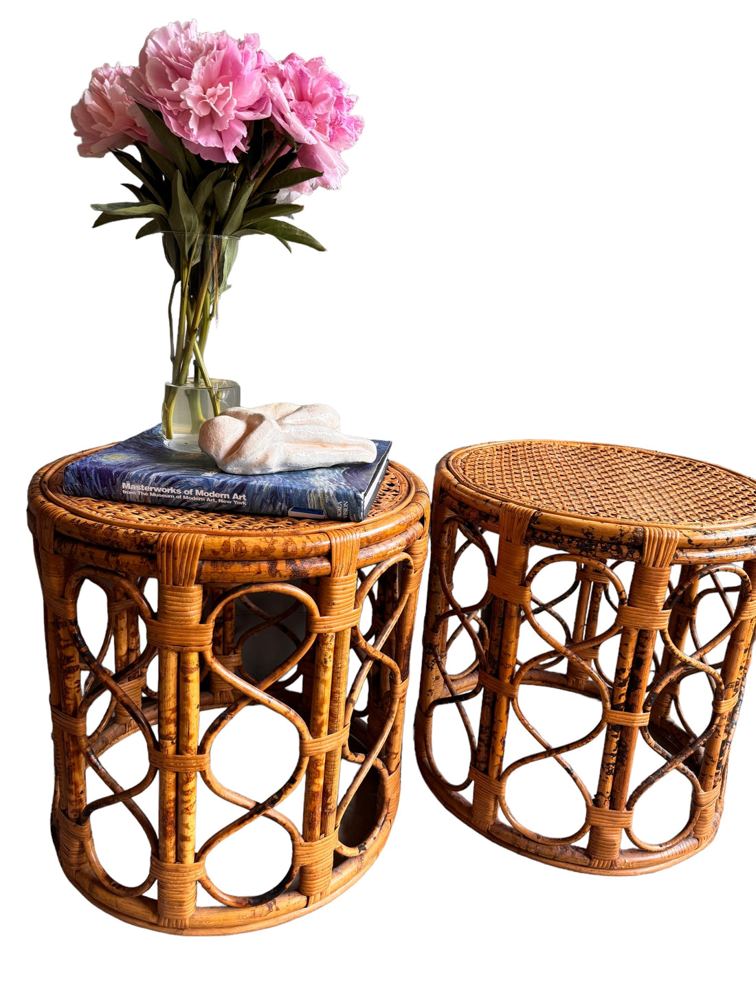 Vintage Tortoise Shell Bamboo and Cane Side Tables