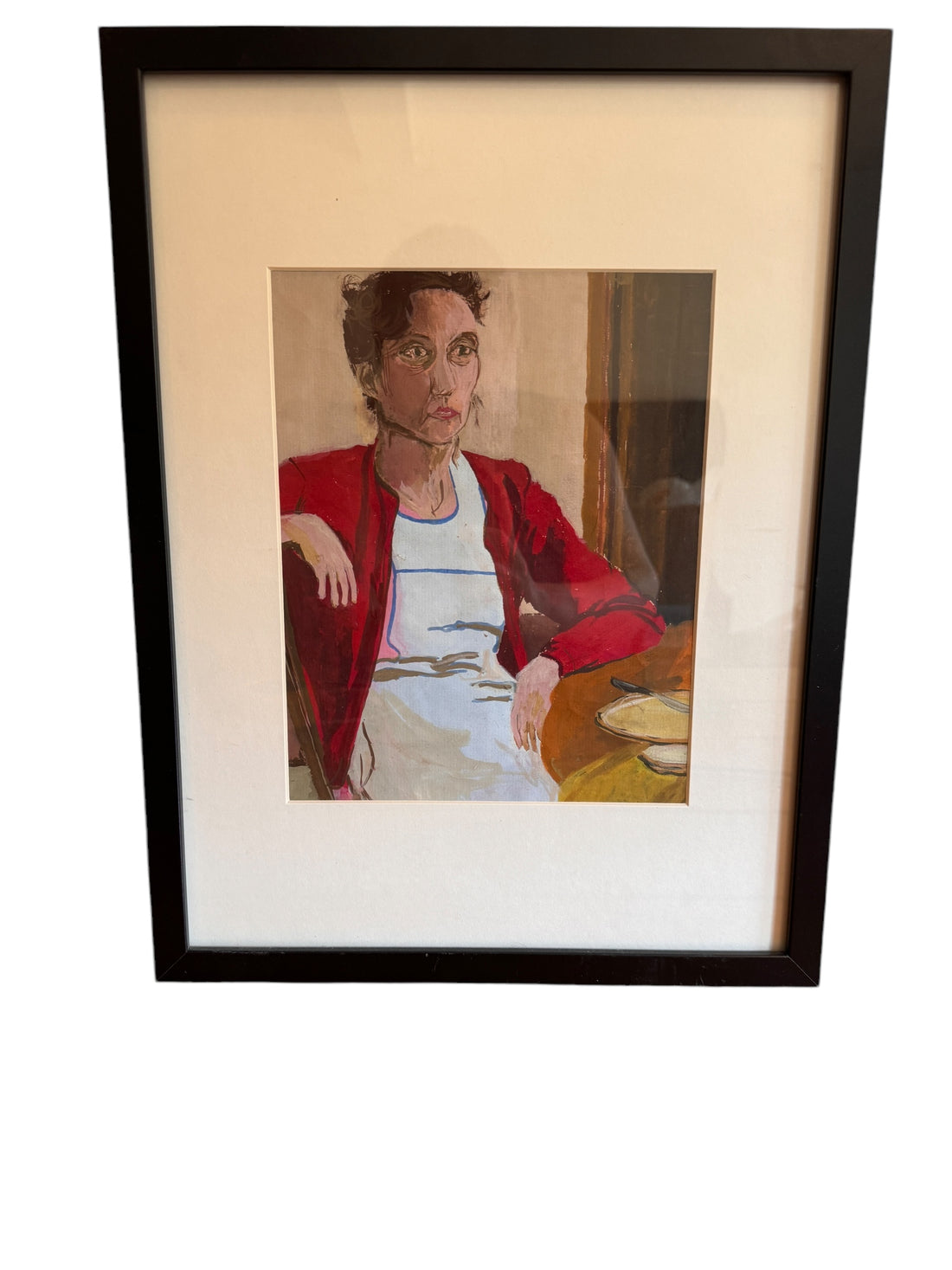 Framed Portrait of a Lady in a Red Cardigan Original Painting Wall Art