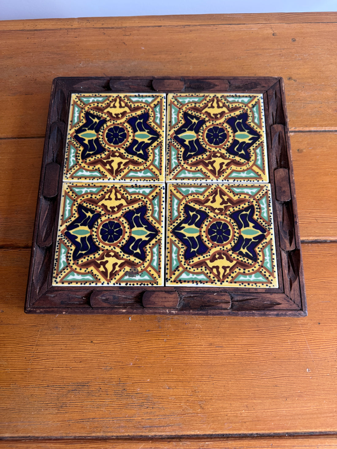 Carved wood and painted tile tray