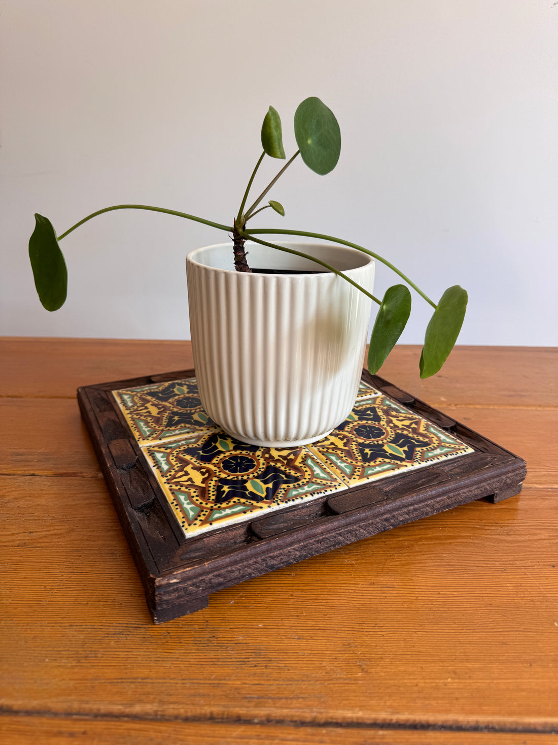 Carved wood and painted tile tray