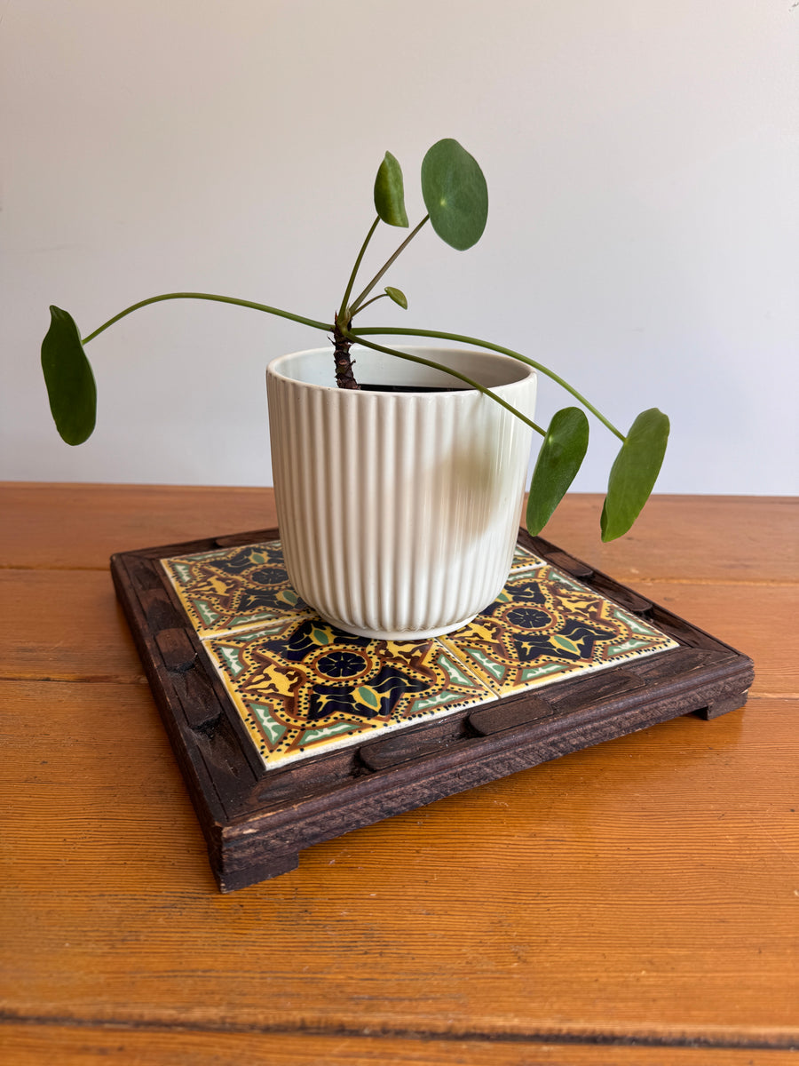 Carved wood and painted tile tray