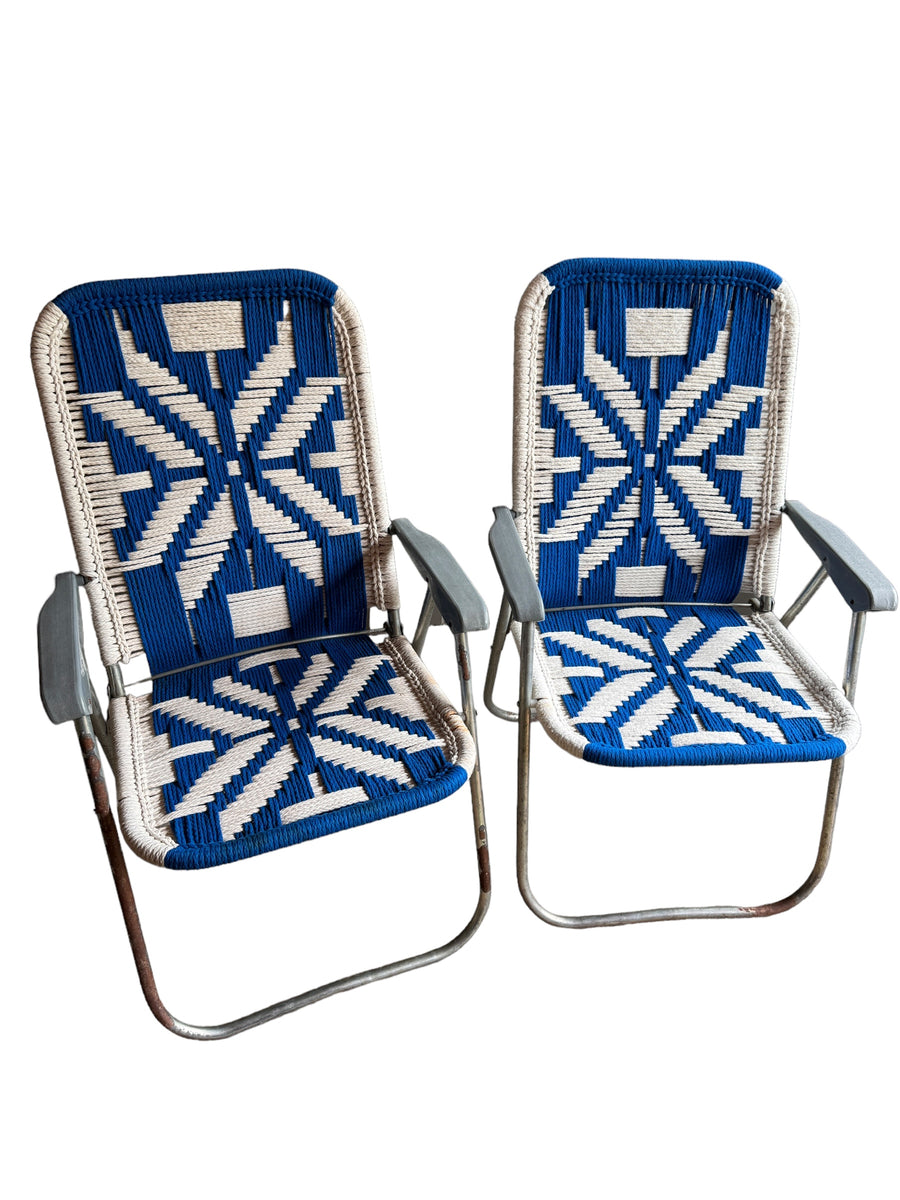 Retro Macrame Blue and White Folding Lawn Camp Chairs