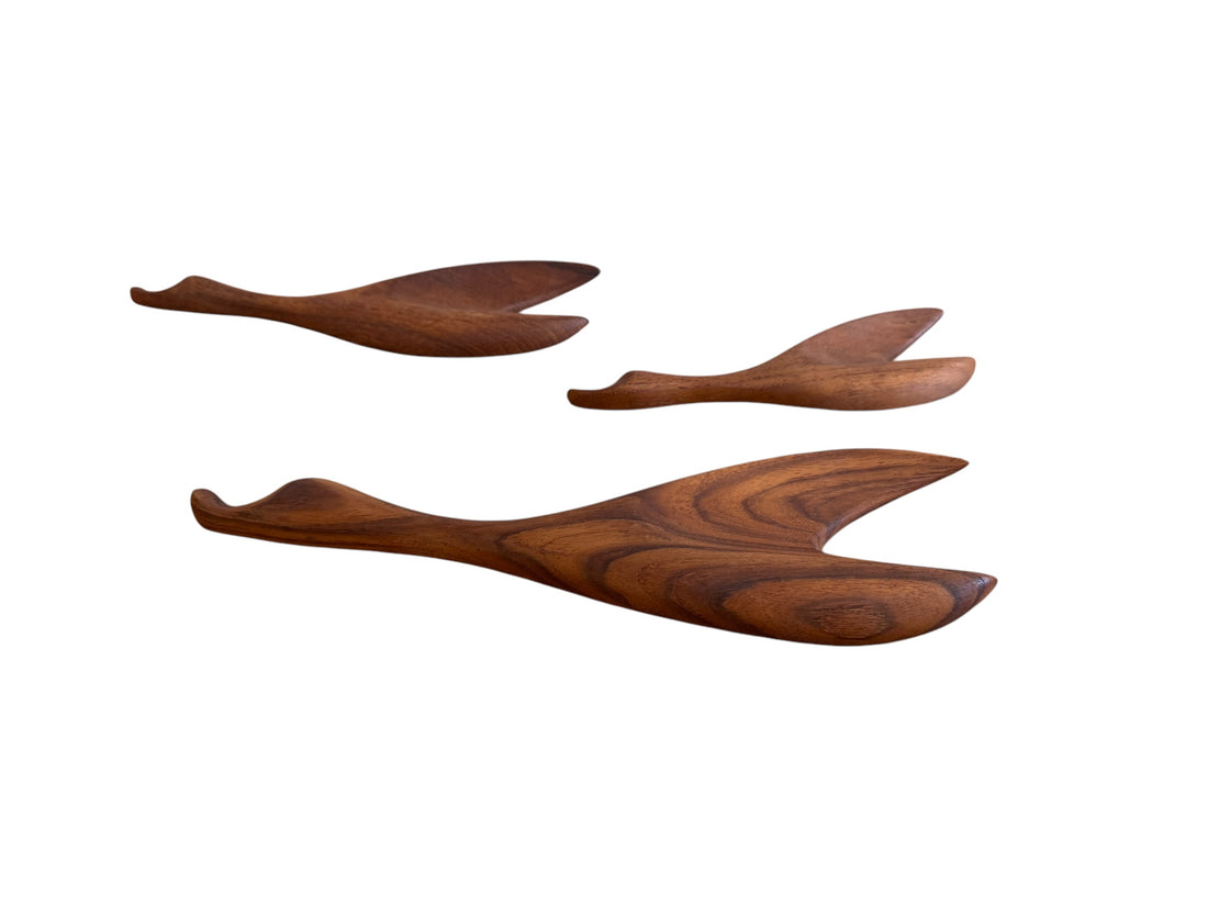 Mid-Century Set of Three Teak Wood Minimalist Bird Hanging Wall Art