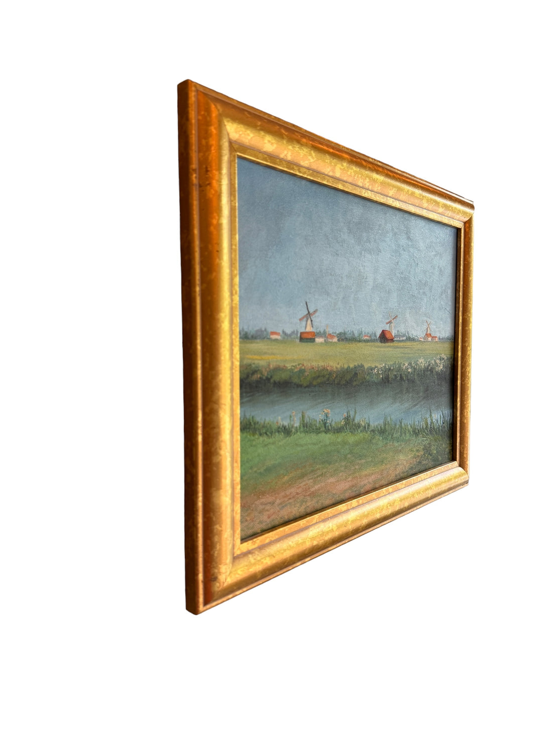 Vintage Canvas Painting with Gold frame of Windmills in Field Unsigned Northern Europe