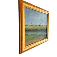 Vintage Canvas Painting with Gold frame of Windmills in Field Unsigned Northern Europe