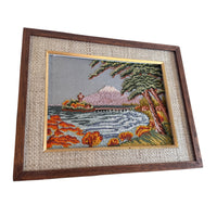 Hand Embroidered Antique Landscape Framed Mountain Lake Scene