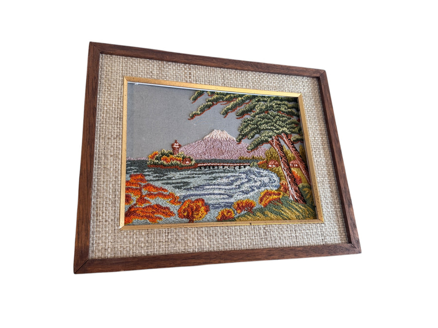 Hand Embroidered Antique Landscape Framed Mountain Lake Scene