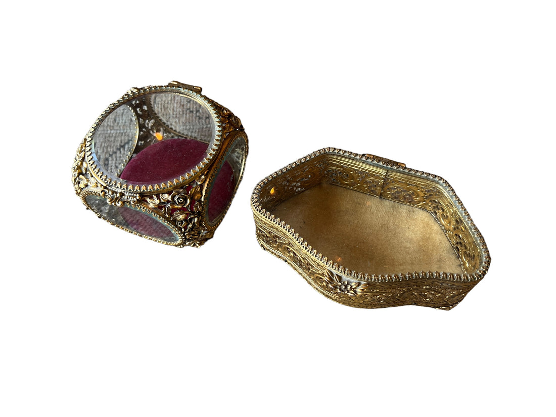 French Beveled Glass Jewelry Box with Velvet Lining 