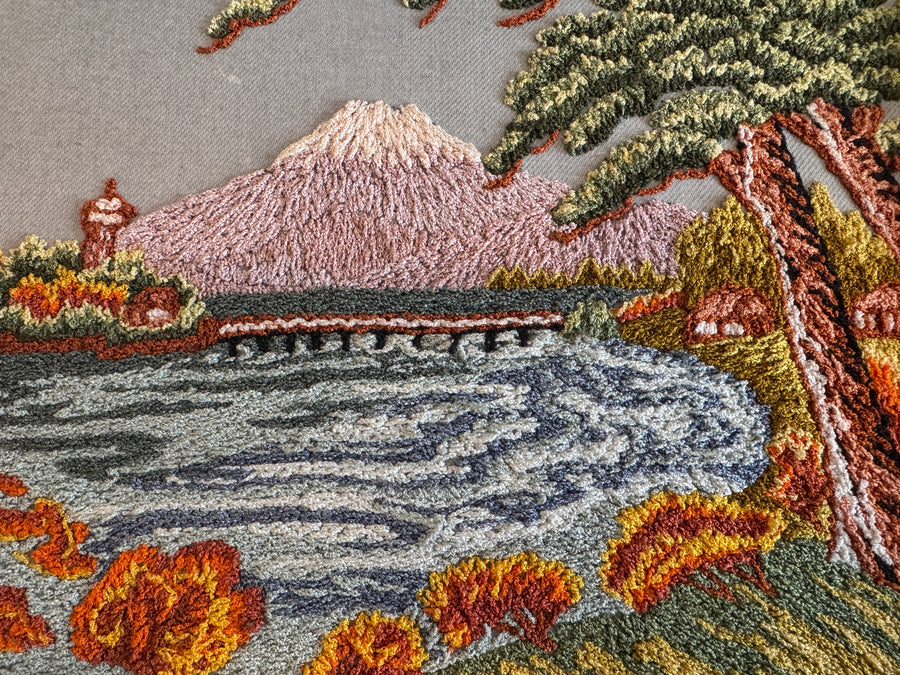 Hand Embroidered Antique Landscape Framed Mountain Lake Scene