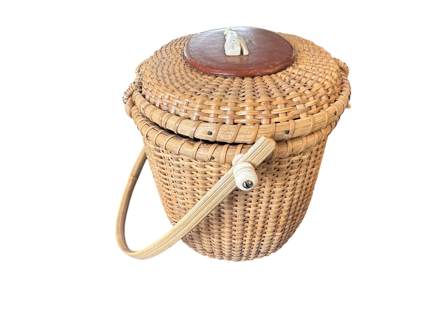 Hand Woven Lidded Basket with whale and Leather detailing