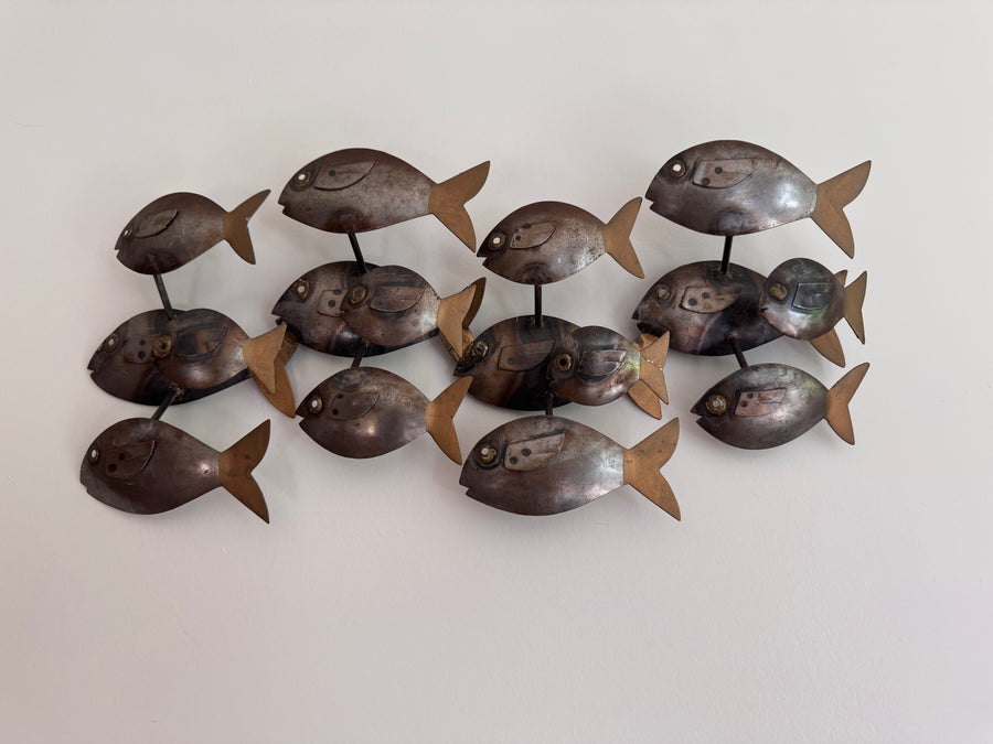 Midcentury School of Fish Metal Wall Art Brutalist Sculpture