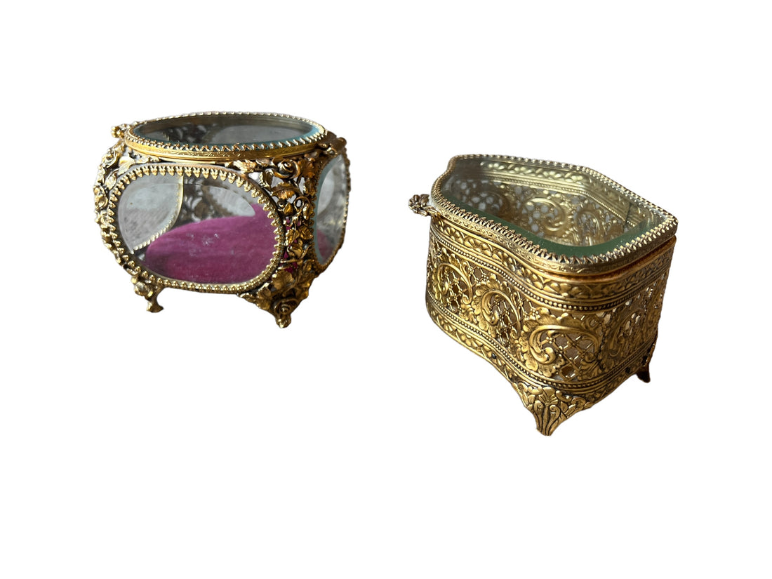 French Beveled Glass Jewelry Box with Velvet Lining 