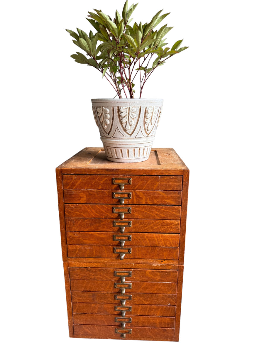 Antique Stackable Drawer Oak cabinet with Metal Insert Drawers Brass Pulls