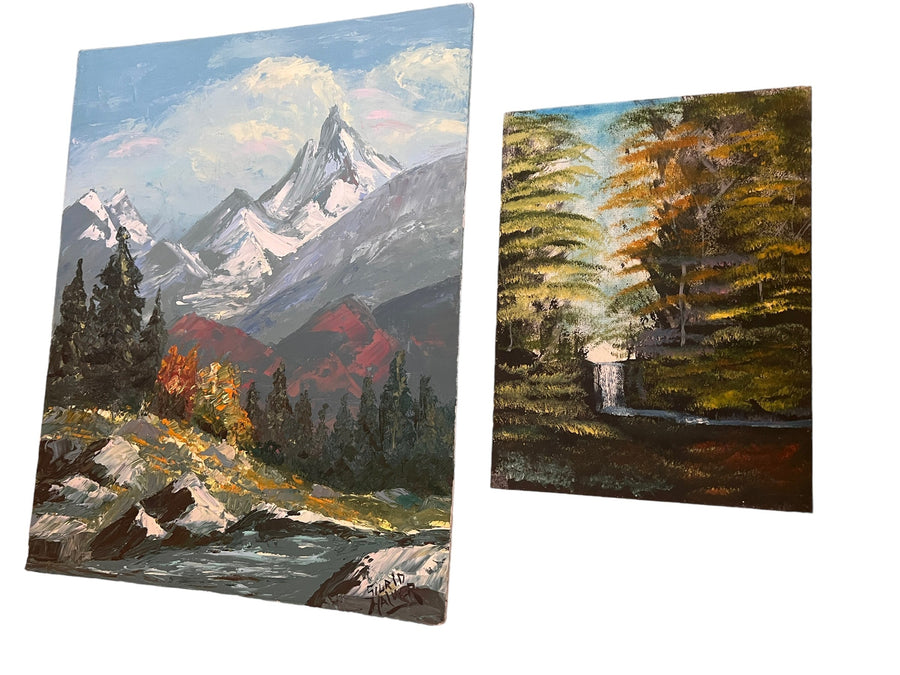 Mountain Forest Landscape Paintings 1970s Canvas Board Vintage