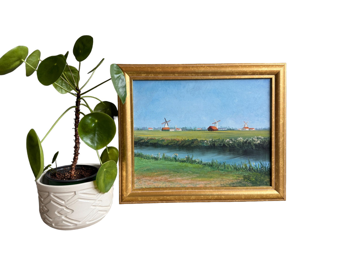 Vintage Canvas Painting with Gold frame of Windmills in Field Unsigned Northern Europe