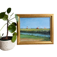 Vintage Canvas Painting with Gold frame of Windmills in Field Unsigned Northern Europe