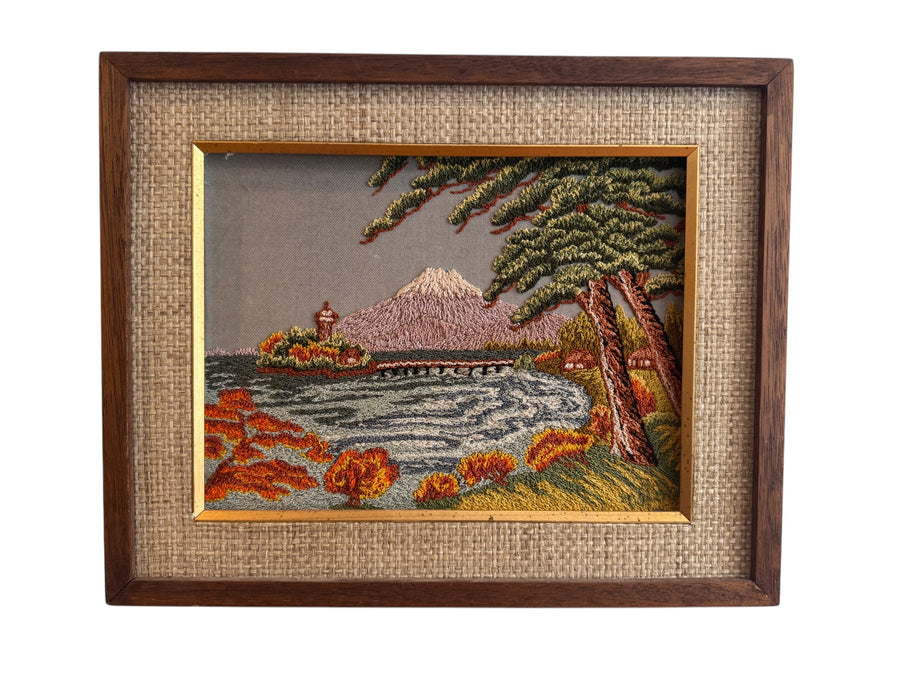 Hand Embroidered Antique Landscape Framed Mountain Lake Scene