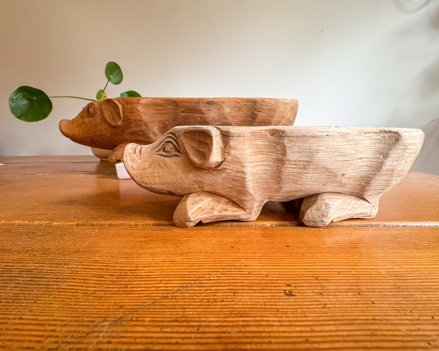 Carved Wood Pig Bowls Large and Small