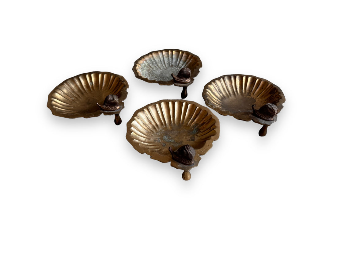 Vintage Scalloped Brass Trays with Snails and Nub feet India