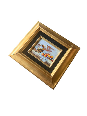 Painted Enameled Copper Still Life Art with Gold Frame