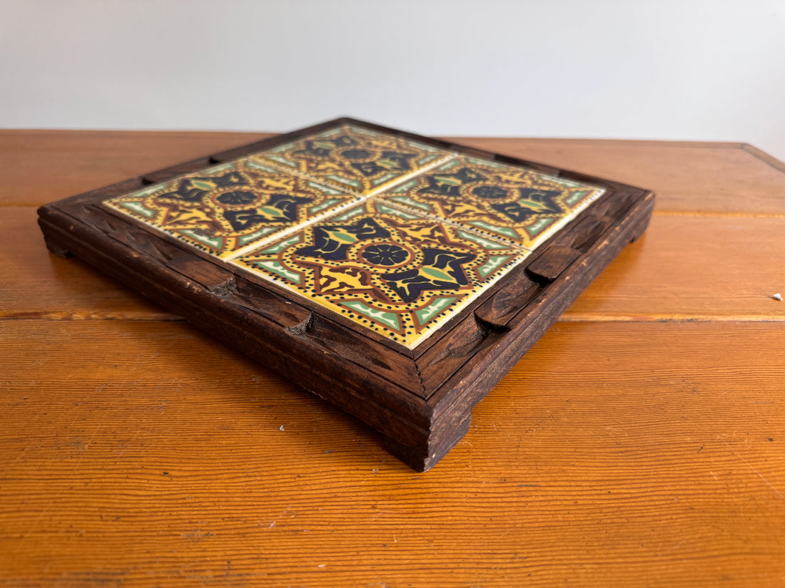 Carved wood and painted tile tray