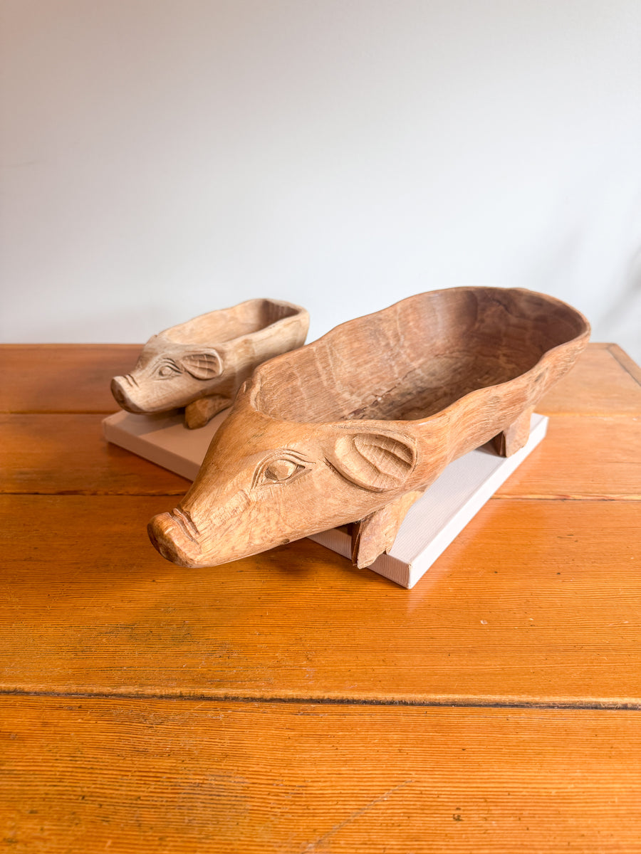 Carved Wood Pig Bowls Large and Small