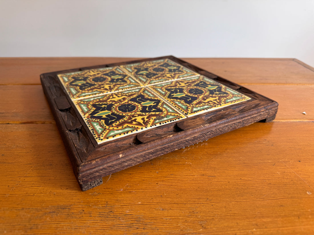 Carved wood and painted tile tray