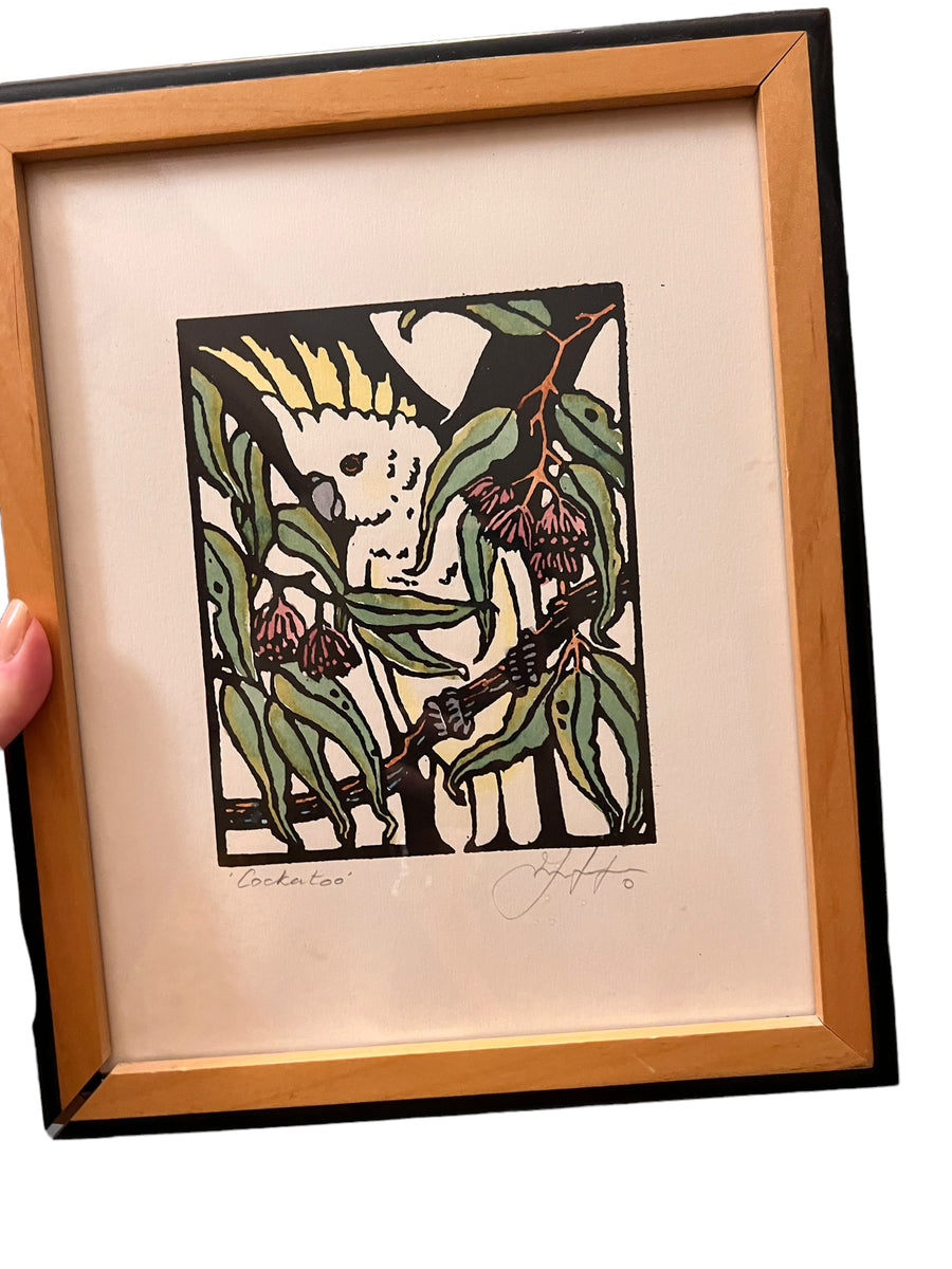 Original Vintage Block Print Cockatoo Art Signed