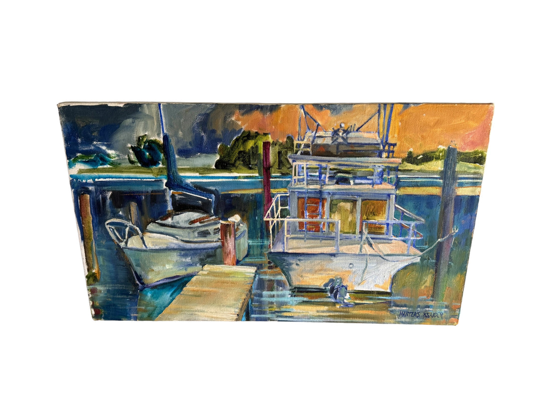 Blues boat dock Rectangular Canvas Painting Signed Martens K Sander