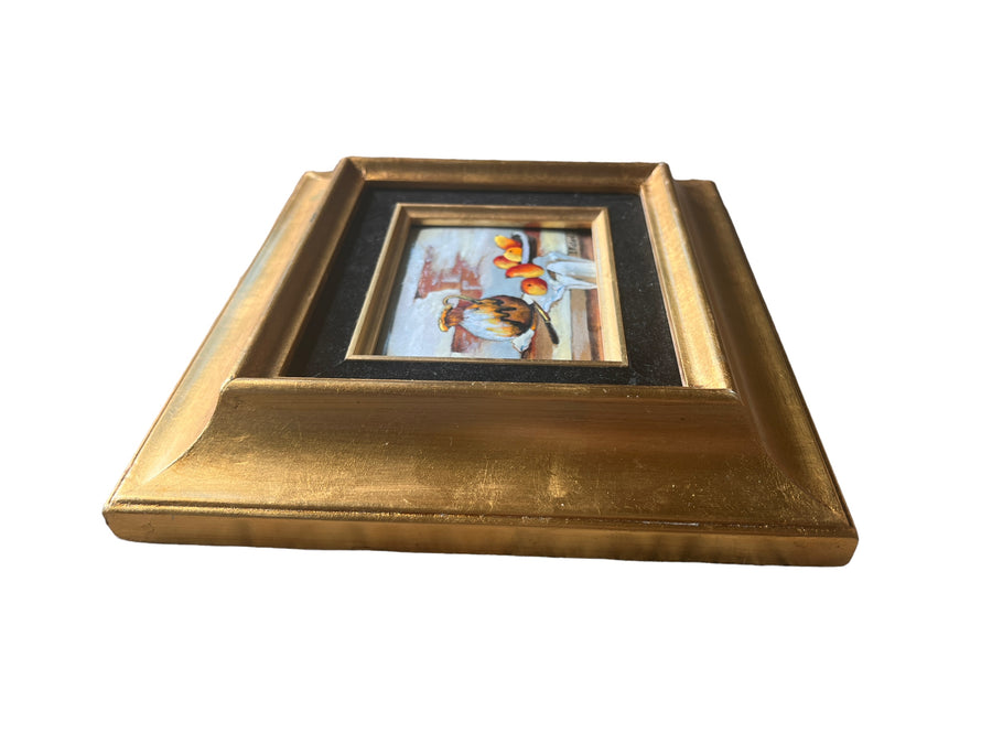 Painted Enameled Copper Still Life Art with Gold Frame