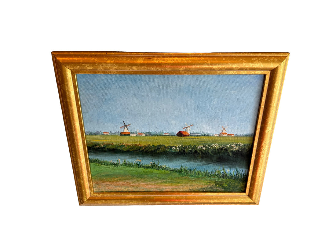 Vintage Canvas Painting with Gold frame of Windmills in Field Unsigned Northern Europe