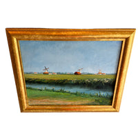 Vintage Canvas Painting with Gold frame of Windmills in Field Unsigned Northern Europe