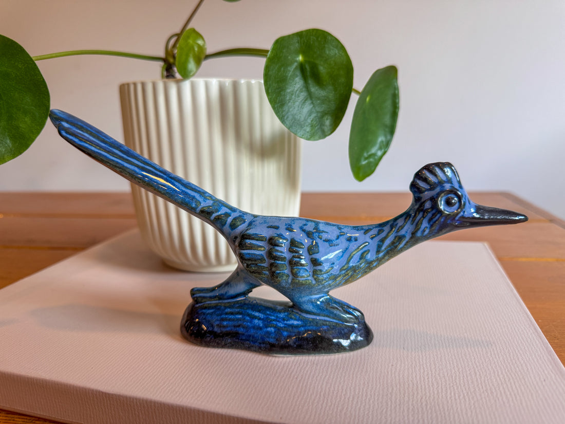 Howard Pierce Blue Ceramic Roadrunner Sculpture