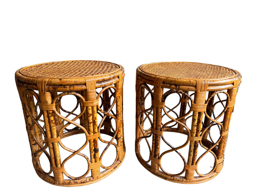 Vintage Tortoise Shell Bamboo and Cane Side Tables