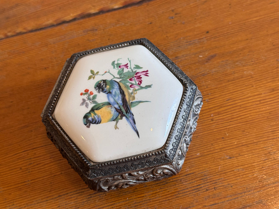 Trinket Box Mele Parrot Tile and Metal Vintage Jewelry Box