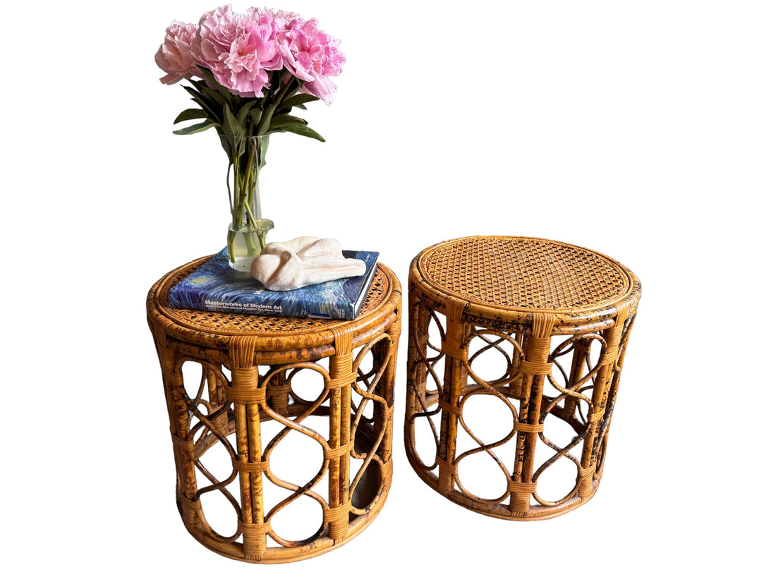 Vintage Tortoise Shell Bamboo and Cane Side Tables