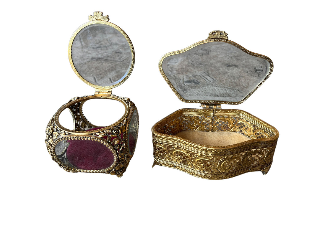 French Beveled Glass Jewelry Box with Velvet Lining 