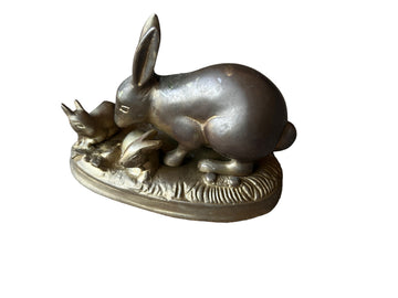 Vintage Brass Bunny Rabbit with Babies Sculpture Figure